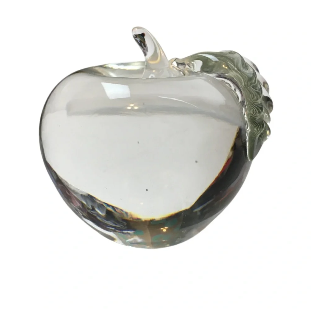 VINTAGE Clear Glass Apple Paperweight MCM Heavy Textured Leaf Desk Office Decor